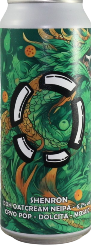 Groene bierblik met kleurrijk draakachtig ontwerp en het woord SHENRON erop.