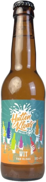 Fles van Huttenkloas Wit Van Kloas met kleurrijk etiket op een witte achtergrond.