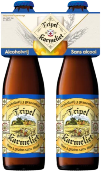 Twee flesjes Tripel Karmeliet Alcoholvrij verpakt in een 4-pack.