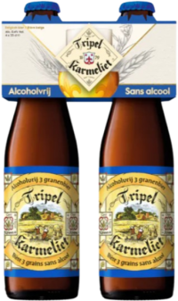 Twee flesjes Tripel Karmeliet Alcoholvrij verpakt in een 4-pack.