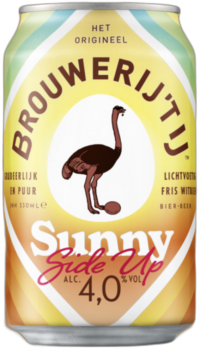 Een blikje bier van Brouwerij 't IJ met de naam Sunny Side Up op een oranje achtergrond.