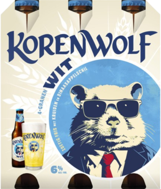 Sixpack Korenwolf 4Granen Wit bier met flessen en hamstermascotte op verpakking.