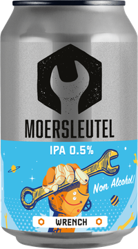 Blikje Moersleutel Wrench 0.5 IPA met kleurrijke illustraties van een moersleutel en robotarm.