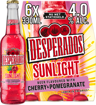 Desperados Sunlight Cherry & Pomegranate sixpack met flesjes van 33cl en 4.0% alcohol.