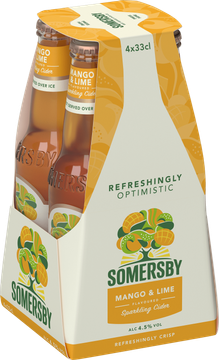 Vier verpakte flessen Somersby Mango and Lime cider in kartonnen houder.