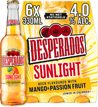 Desperados Sunlight Mango & Passionfruit sixpack met flesjes van 33cl en 4% alcohol.