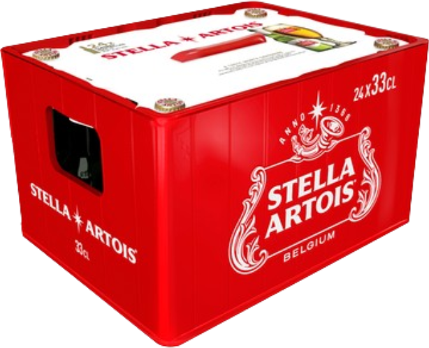 Rood Stella Artois bierkrat met 24 flesjes van 33cl, logo en tekst zichtbaar.