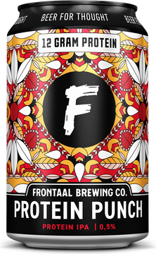 Blikje Frontaal Brewing Co. Protein Punch IPA met kleurrijke patronen en tekst.