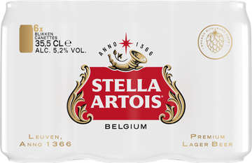 Set van zes blikjes Stella Artois bier van 355 ml met logo en details.