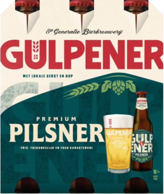 Zes flesjes Gulpener Pilsener in een kartonnen set met logo en glas.