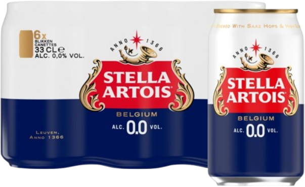 Zespack Stella Artois 0.0% met een los 33cl blikje.