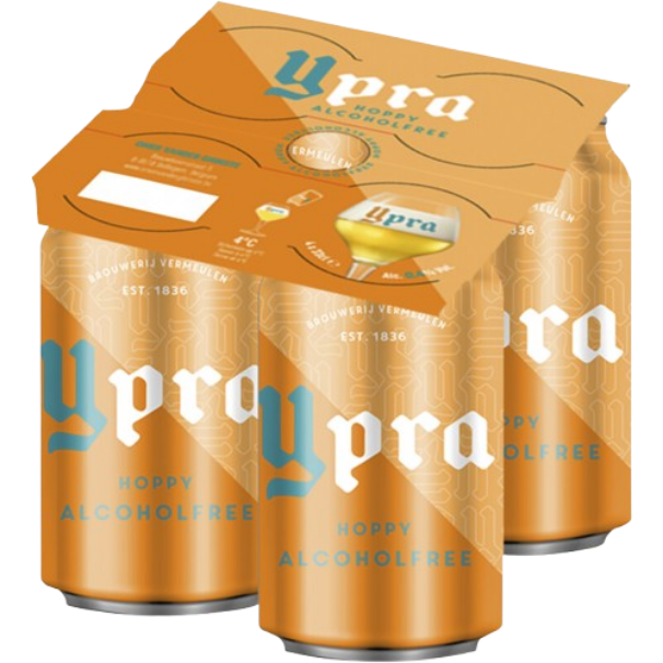 Vier blikjes YPRA Hoppy Alcoholfree bier van 33cl met een kartonnen verpakking.