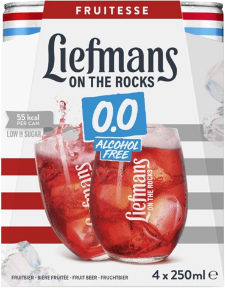 Liefmans Fruitesse 0.0 set met vier blikjes van 250 ml, alcoholvrij fruitbier.