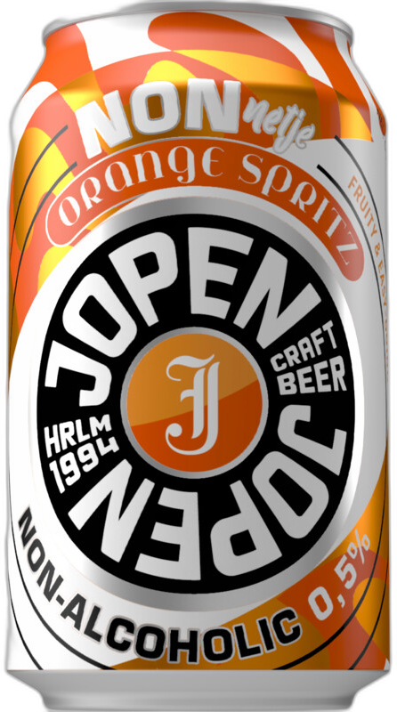 Blikje Jopen Orange Spritz non-alcoholic 0,5% met kleurrijk ontwerp.