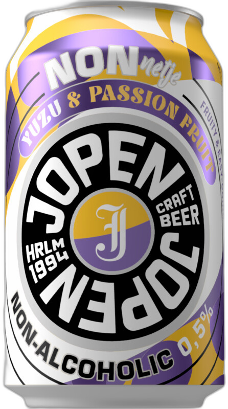 Blik van Jopen Jopen Yuzu & passionfruit non-alcoholic bier met kleurrijke verpakking.