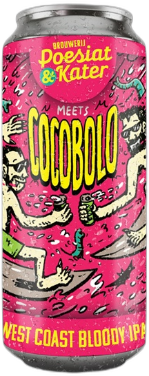 Poesiat & Kater Cocobolo bierblikje met kleurrijke illustratie.