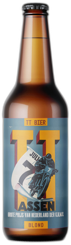 Bruin 30cl bierflesje met TT logo en motorfietser op het etiket.
