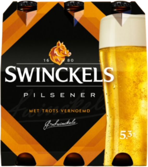 Sixpack van Swinckels pilsener met flesjes van 30cl en een volgeschonken glas met schuimkraag.