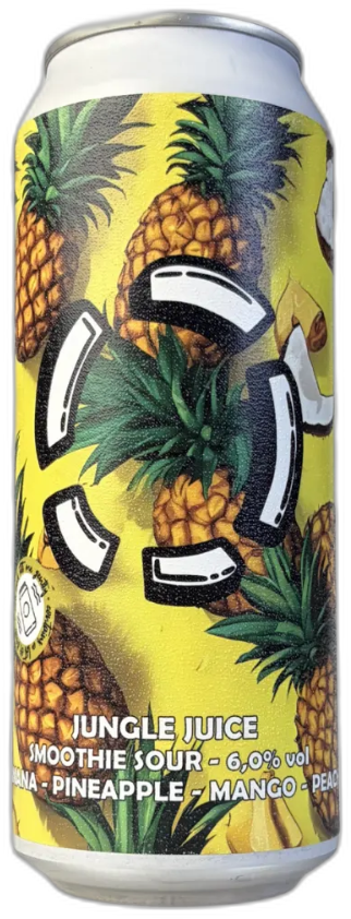Blik Jungle Juice met ananas- en kokosontwerp op gele achtergrond.