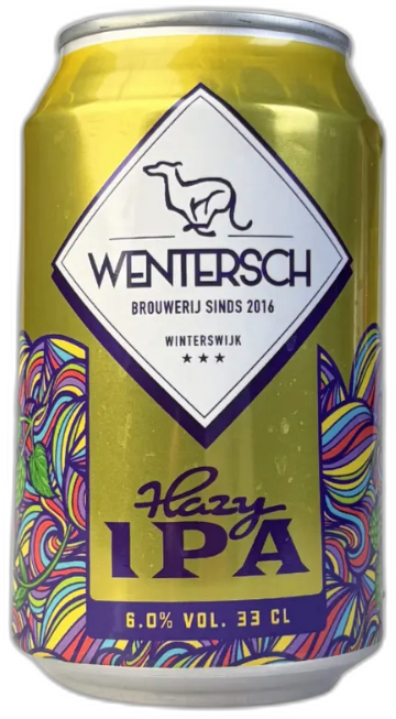 Een blikje Wentersch Hazy IPA bier met kleurrijke details op witte achtergrond.