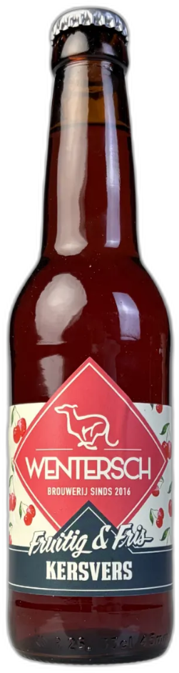 Flesje Wentersch Kersvers bier met etiket vol kersenillustraties.