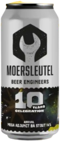 Een 44cl Moersleutel Arrival bierblik met 10 Years Celebration opschrift.