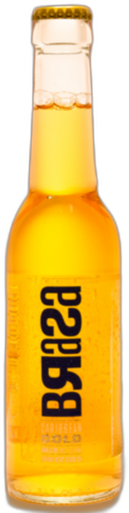Fles Brasa Pils bier tegen oranje achtergrond met enkele tekstdetails.