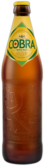 Bruine bierfles van Cobra World Beer met geel-groen etiket.