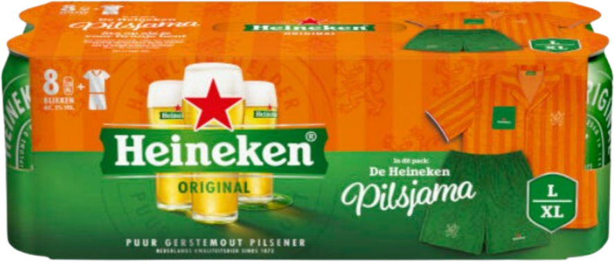 Heineken pilsener verpakking met blikjes en een oranje pyjama afbeelding.
