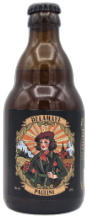 Een bruine fles van 33cl met een kleurrijk etiket dat een vrouw afbeeldt.
