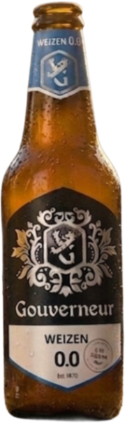 Bruine fles Gouverneur Weizen 0.0 met blauw etiket en wit logo op de voorgrond.