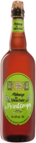 Bruine bierfles met een groene label van Abbaye de Vauclair de Printemps.