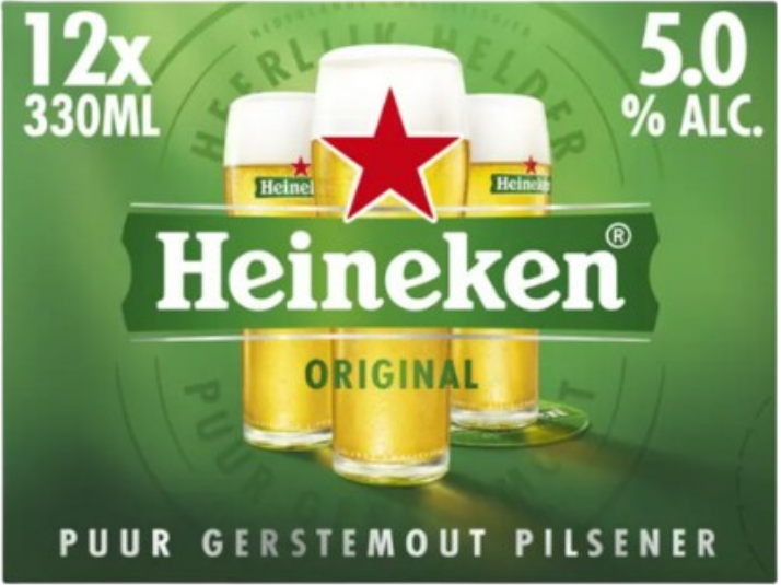 Verpakking van 12 blikjes Heineken Pilsener van 0,33 liter met logo, ster en alcoholpercentage.