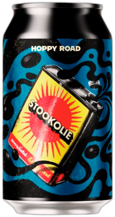 Blikje Hoppy Road Stookolie 33cl met kleurrijk ontwerp van een olieblik.