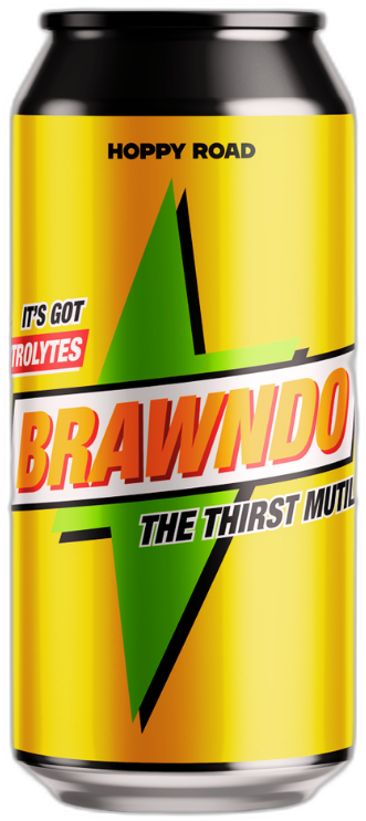 Gele Brawndo bierblik met groene ster en rode tekst op witte achtergrond.