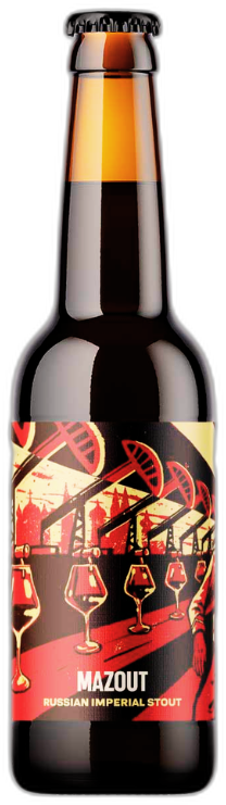 Flesje Hoppy Road Mazout Russian Imperial Stout met opvallende kleurrijke etiketillustratie.