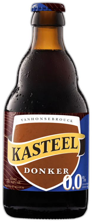 Donker bierflesje van 33cl met etiket 'Kasteel Donker 0.0%'.