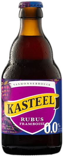 Flesje Kasteel Rubus Framboise 0,0% van 33cl met kleurrijk etiket.