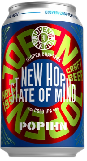 Jopen New Hop State Of Mind bierblik, kleurrijk ontwerp met rode en groene tekst.