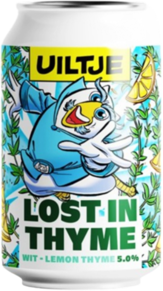Een vrolijke uil in een blauwe outfit omringd door citroenen en tijm, op een bierblikje van Uiltje met de tekst 'Lost in Thyme'.