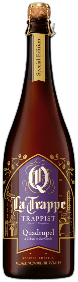La Trappe Quadrupel Special Edition fles van 75cl, diep amberkleurig met gouden decoraties.