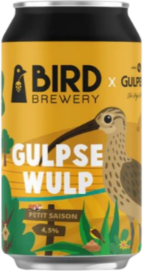 Blikje Gulpse Wulp bier van Bird Brewery met illustratie van een wulp.