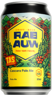 Blikje Rabauw Cascara Pale Ale met kleurrijke botanische illustratie.