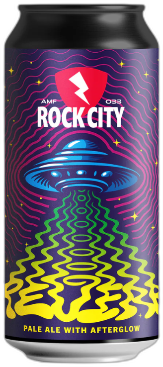 Blik Rock City Reverb met UFO en stralen patroon.