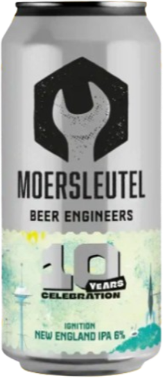 Een grijs bierblik van Moersleutel met logo en kleurrijk ontwerp, tekst '10 Years Celebration'.