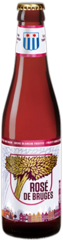 Een fles Rosé de Bruges bier met donkerroze vloeistof en gouden kroonkurk.