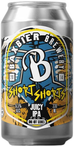 Blik van Bax Bier met kleurrijk etiket en het woord 'Short Shorts'.
