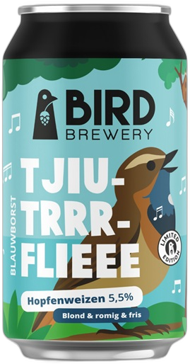 Blikje Bird Brewery Tjiu-trrr-flieee met illustratie van een vogel en muzikale noten.