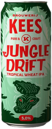 Groene blik Kees Jungle Drift Tropical Wheat IPA met jungle-ontwerp en rode tekst.