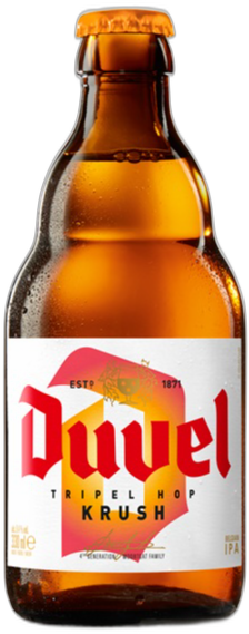 Een fles Duvel Tripel Hop Krush met wit label en rode tekst op een witte achtergrond.